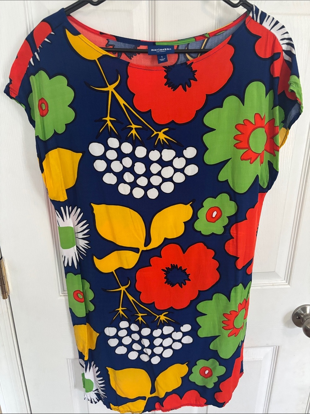 Marimekko Navy Blue Floral Mini Dress with Red, Yellow & Green - Picture 2 of 8
